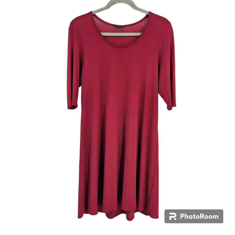 Eileen Fisher Dress Maroon Silk Half Sleeve Scoop Neck Stretch Knit Pull On Sz L